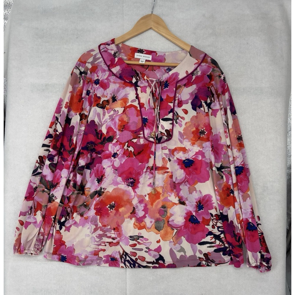 Susan Graver Liquid Knit Long Sleeve Tassel Front Floral Tunic Size XL Office